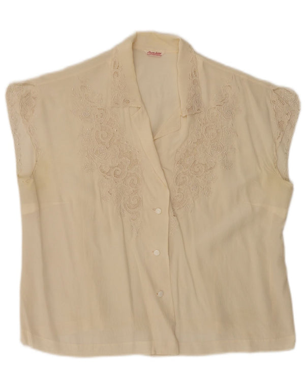 vintage Femme Chemise sans manches Blouse EU 40 Moyen Off White Floral Soie