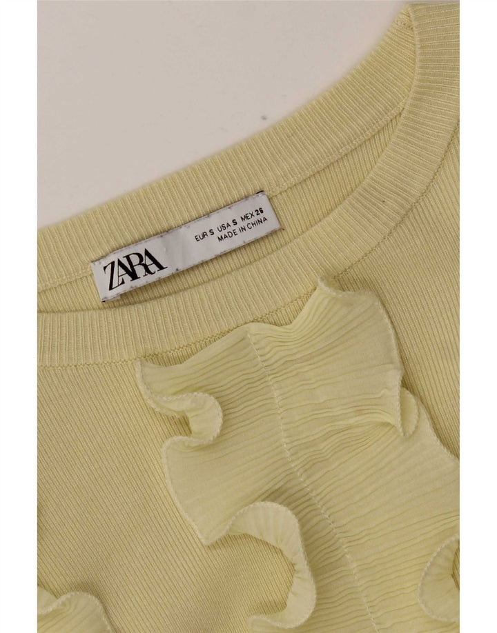 Zara Womens Crop Long Sleeve Ruffle Front Blouse Top UK 8 Small Jaune