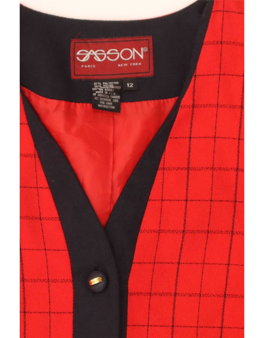 vintage Femmes 4 Bouton Blazer Veste US 12 Grand Rouge Check Polyester