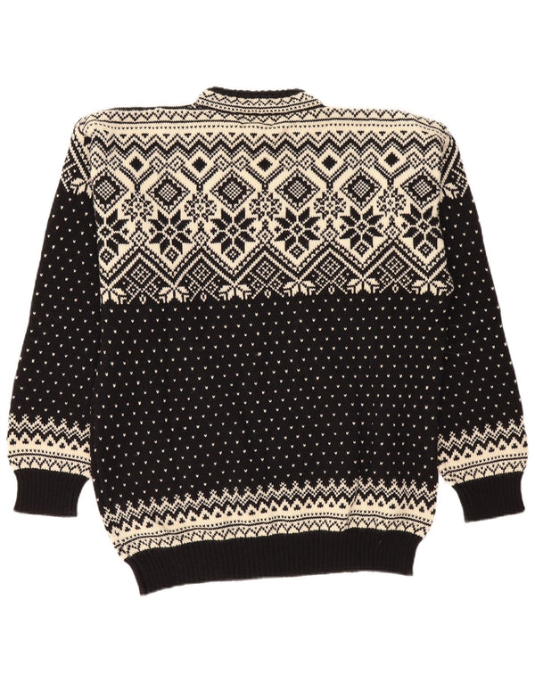 vintage Mens Crew Neck Jumper Pull 2XL Noir Fair Isle Laine Vierge