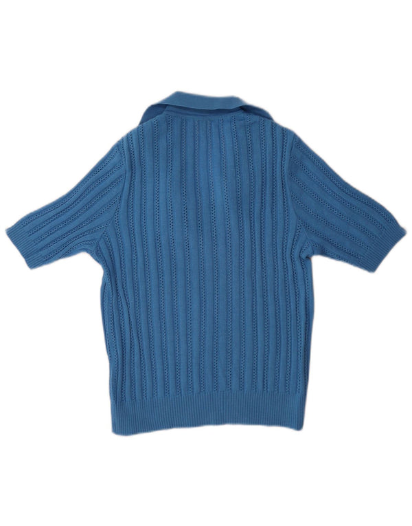 vintage Femme Manches Courtes Polo Neck Jumper Pull IT 40 Petite Laine Bleue