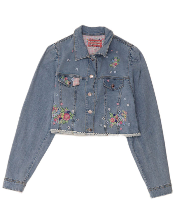 vintage Girls Crop Graphic Denim Jacket 13-14 ans Bleu Floral Coton