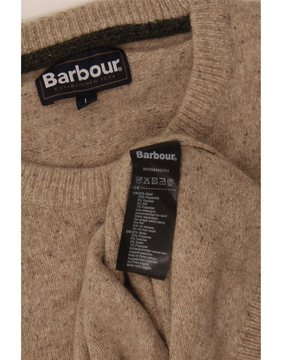 Barbour Pull à col rond pour homme en laine mouchetée beige