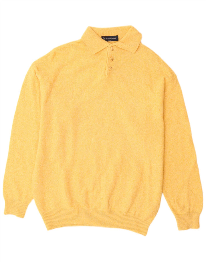 VINTAGE Pull à col polo pour homme 2XL en laine d'agneau jaune
