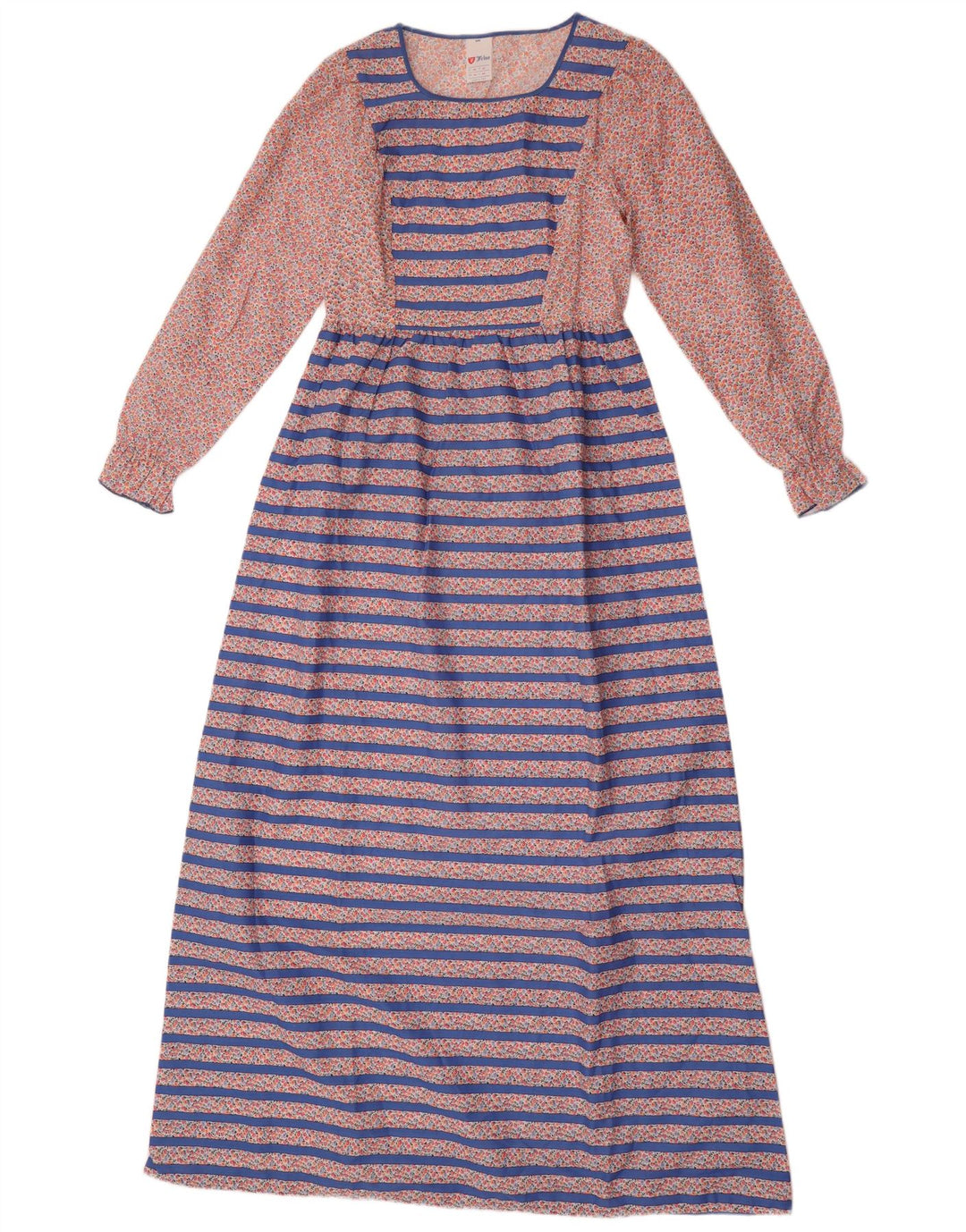vintage Femme Manches Longues Maxi Robe UK 14 Polyester Rayé Bleu Moyen