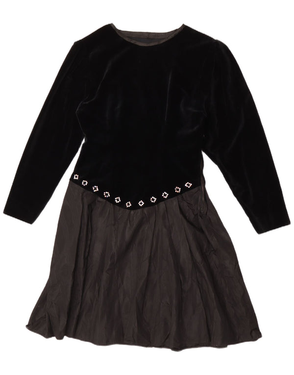vintage Femme Manches Longues A-Line Robe UK 14 Moyen Noir
