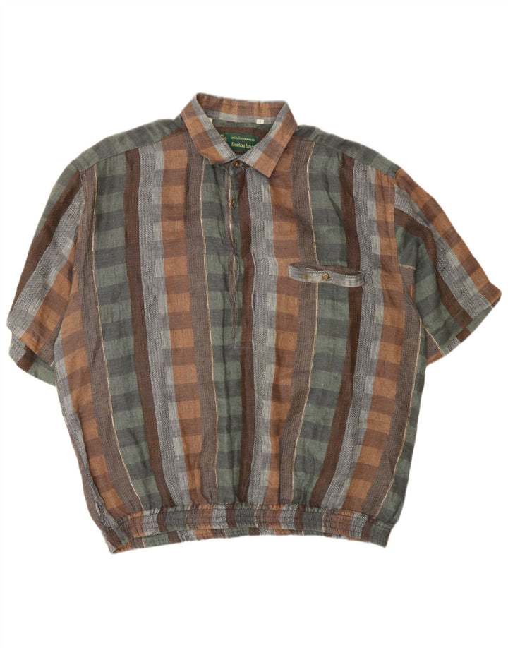vintage Homme Manches Courtes Pull Chemise XL Multicolore Check Lin