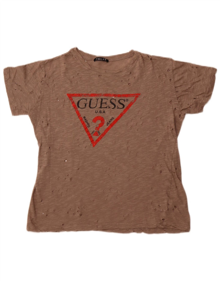 Guess T-shirt graphique perforé pour femme UK 14 Marron moyen