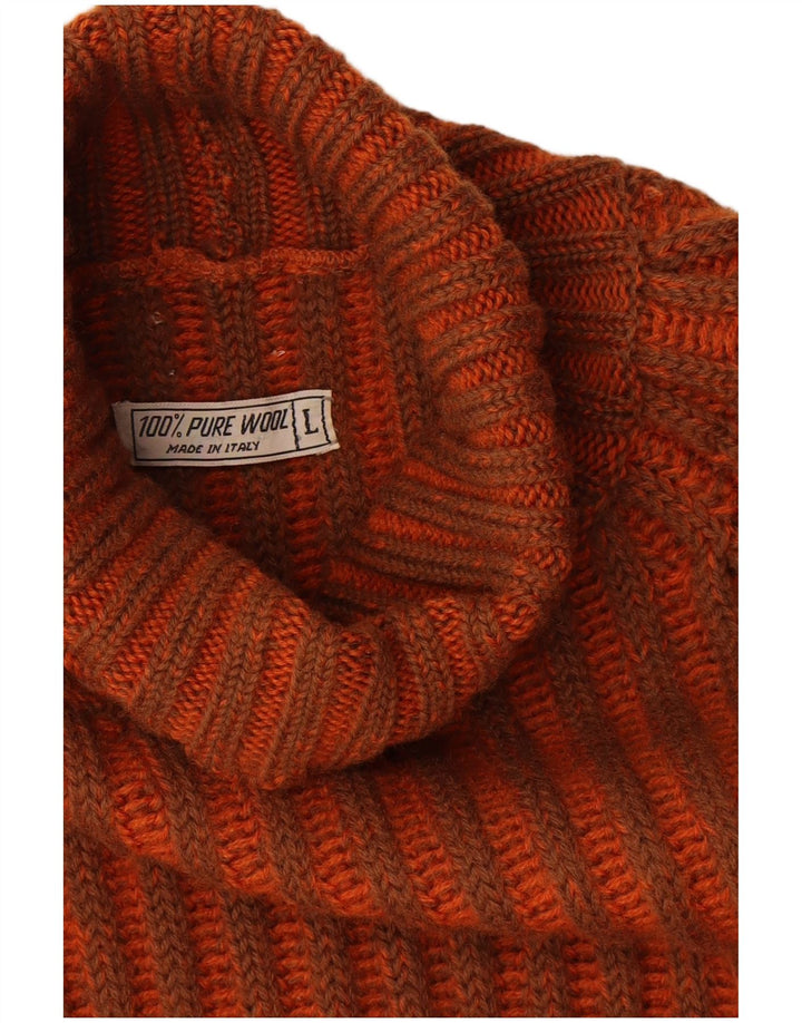 vintage Mens Roll Neck Jumper Pull Grande laine rayée orange