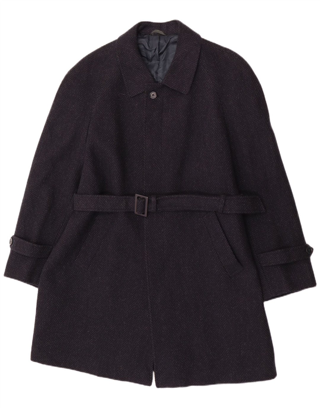 vintage Mens Overcoat IT 52 XL Bleu Marine Herringbone Virgin Wool