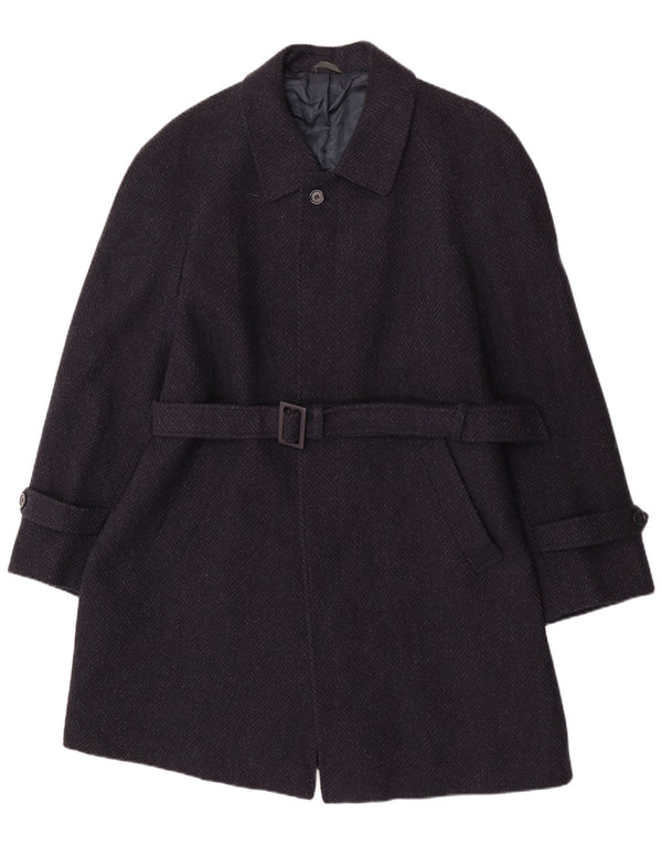 vintage Mens Overcoat IT 52 XL Bleu Marine Herringbone Virgin Wool
