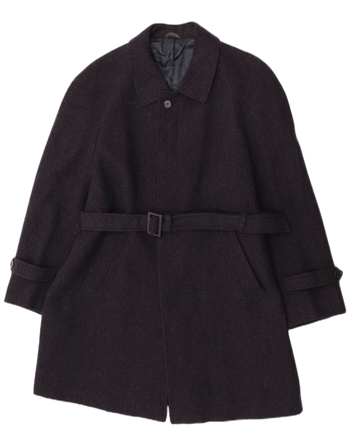 vintage Mens Overcoat IT 52 XL Bleu Marine Herringbone Virgin Wool