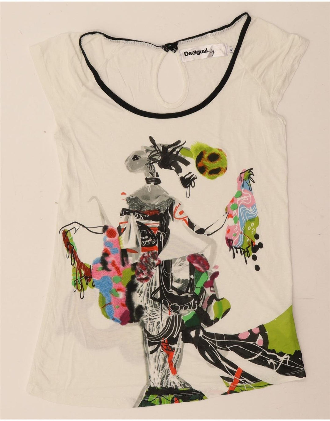 Desigual T-Shirt Graphique Femme UK 18 XL Blanc Cassé Viscose