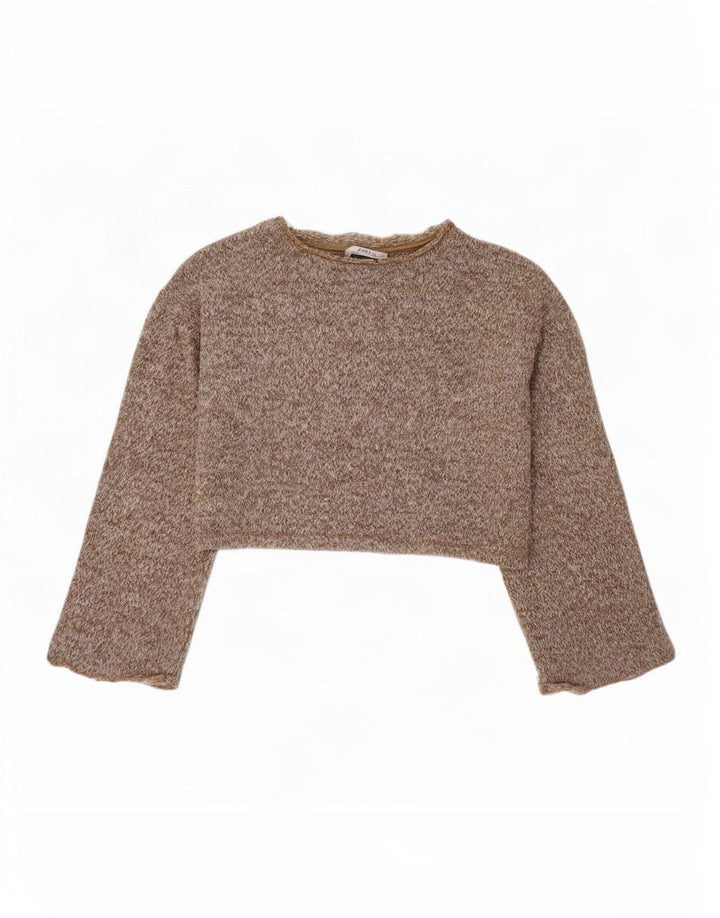 Zara Femme Crop Oversize Top Manches Longues UK 10 Petit Marron Polyester