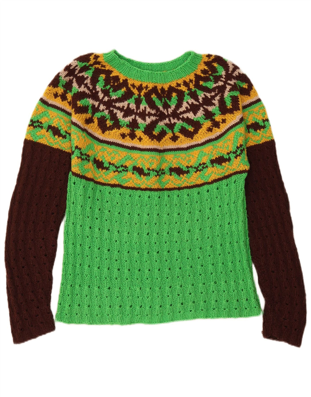 VINTAGE Pull col bateau femme UK 12 Medium Green Fair Isle