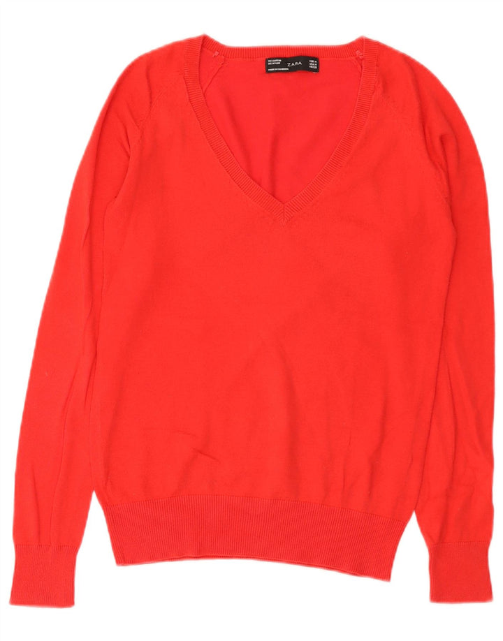 Zara Pull col en V pour femme UK 12 Rouge moyen Coton