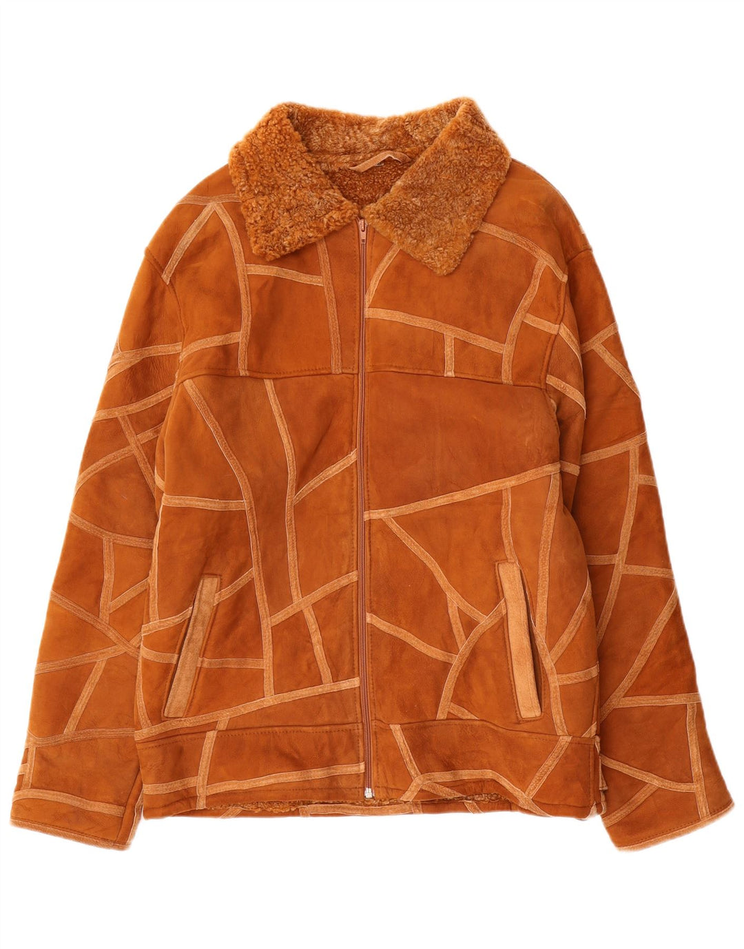 veste shearling femme vintage UK 14 Moyen Brun Géométrique