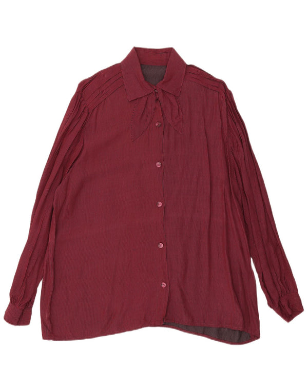 vintage Femme Front Tie Shirt UK 16 Grande Bourgogne Pinstripe