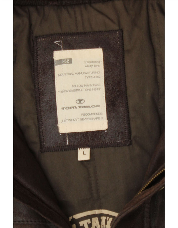 Tom Tailor Veste bomber en cuir graphique pour homme UK 40 Grand cuir marron