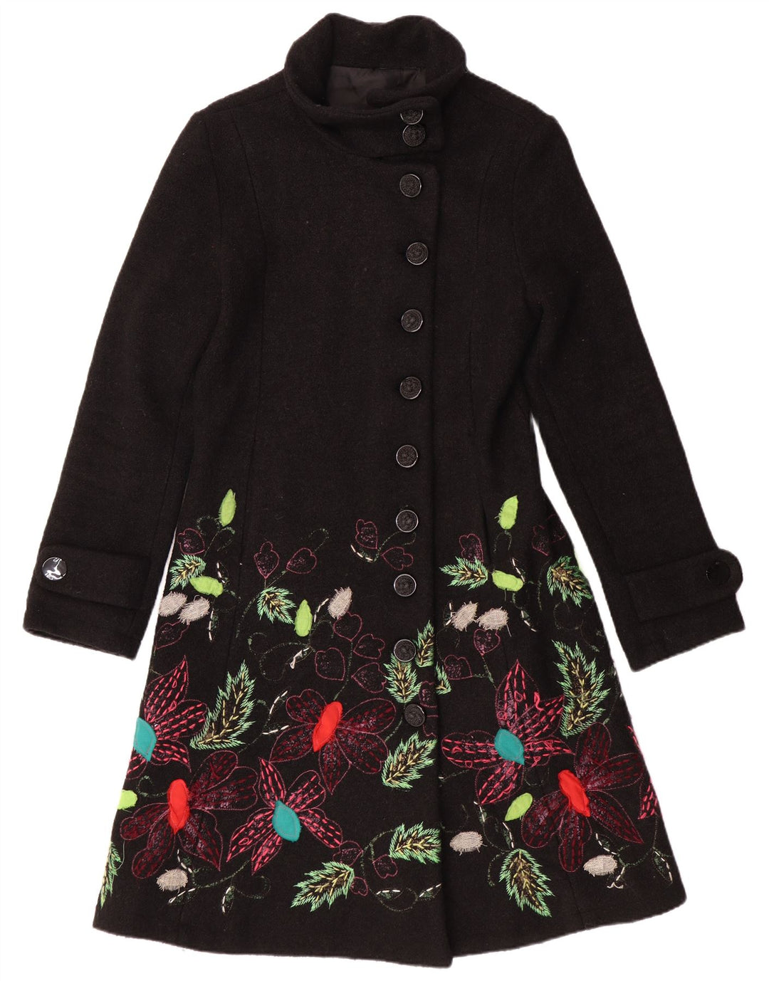 DESIGUAL Manteau Femme UK 10 Petit Noir Floral Viscose Bohème