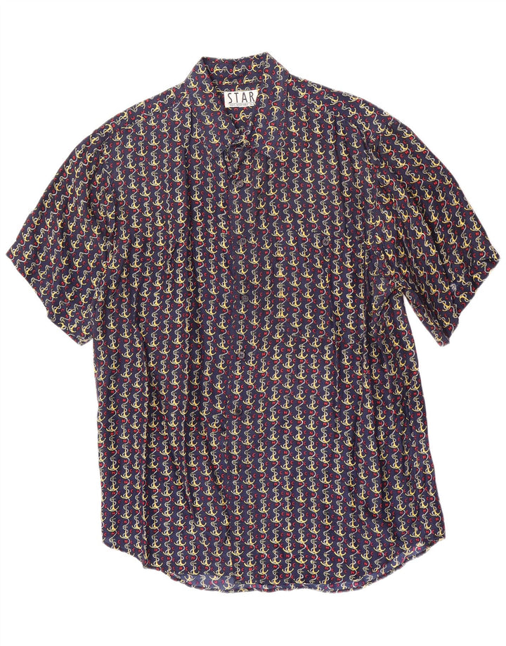 Chemise à manches courtes à motif abstrait pour hommes Vintage, soie bleu marine moyen