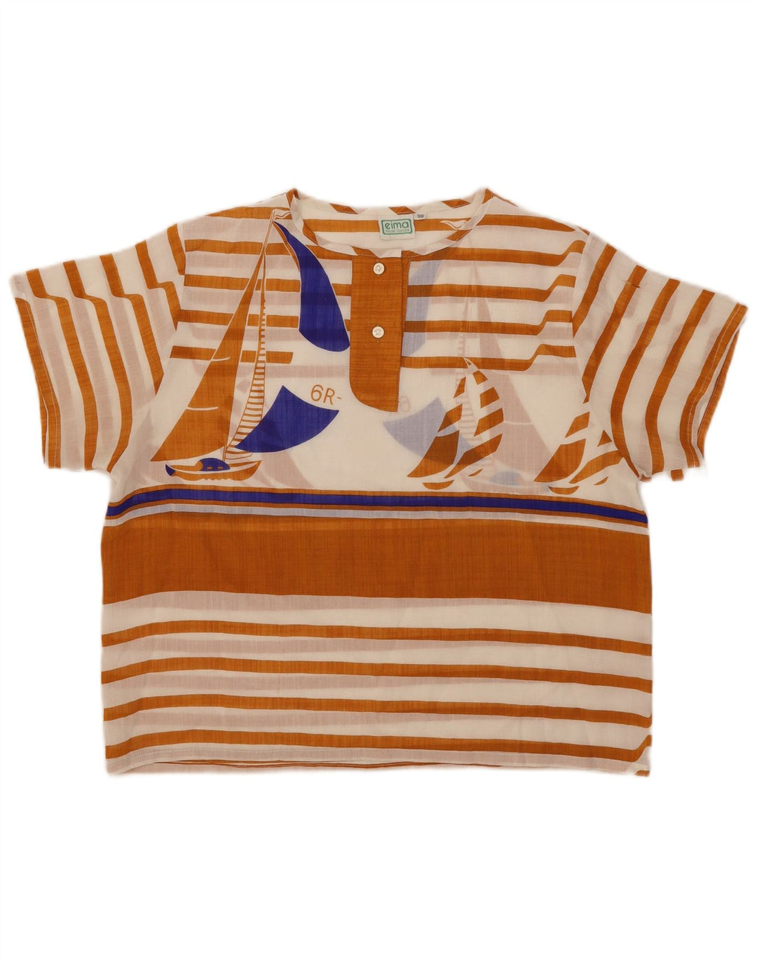 vintage Femmes Graphique Surdimensionné Blouse Top EU 36 Petit Brun Rayé