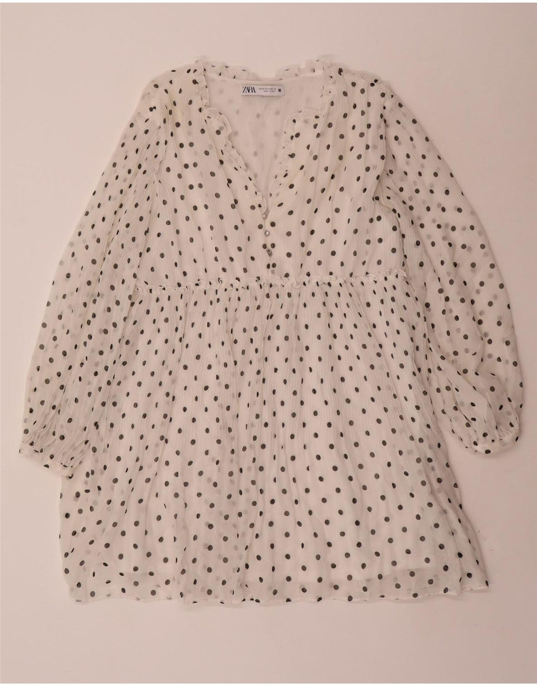 ZARA Robe trapèze à manches longues pour femme UK 44 Polyester à pois blanc moyen