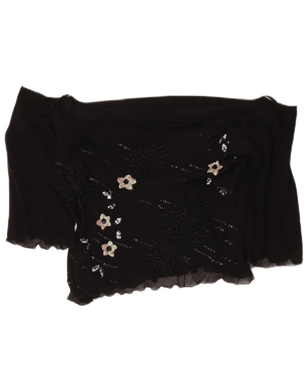 vintage Femmes Crop 3/4 Manches Hors Épaule Top UK 18 XL Soie Florale Noire
