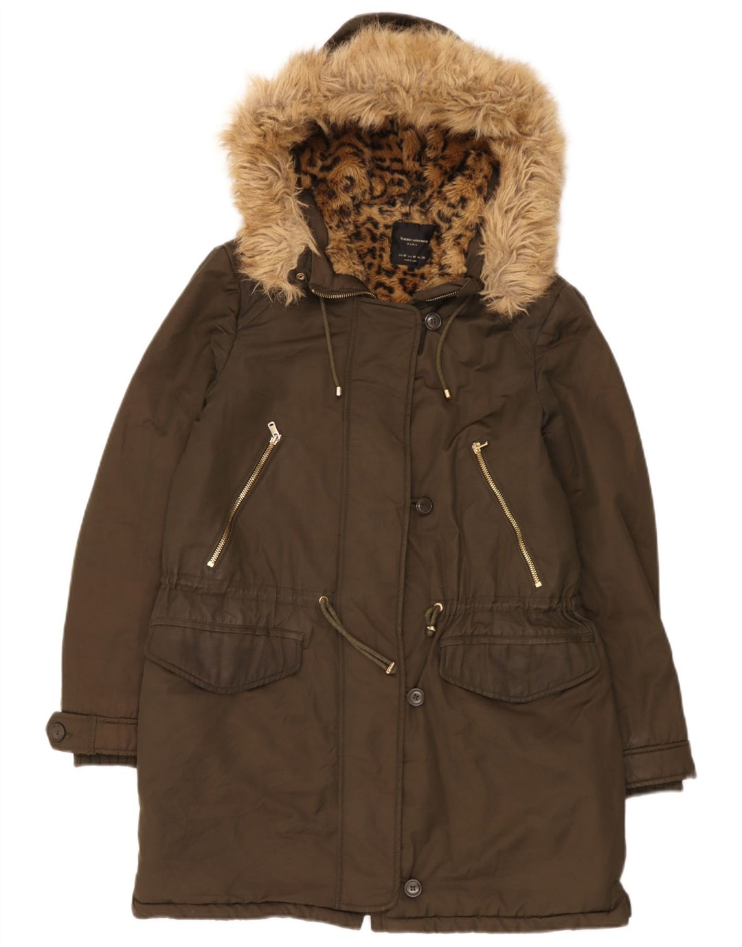 Zara Parka Sherpa à capuche pour femme UK 14 Kaki moyen