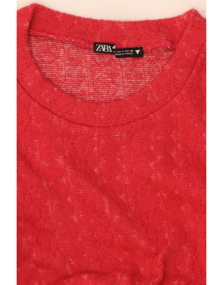 Zara Womens Crop Ruffle Front Top Manches Longues UK 8 Petit Rouge