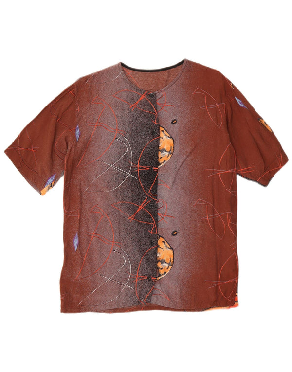 vintage Femmes Graphique Chemise À Manches Courtes Blouse UK 14 Grand Brun