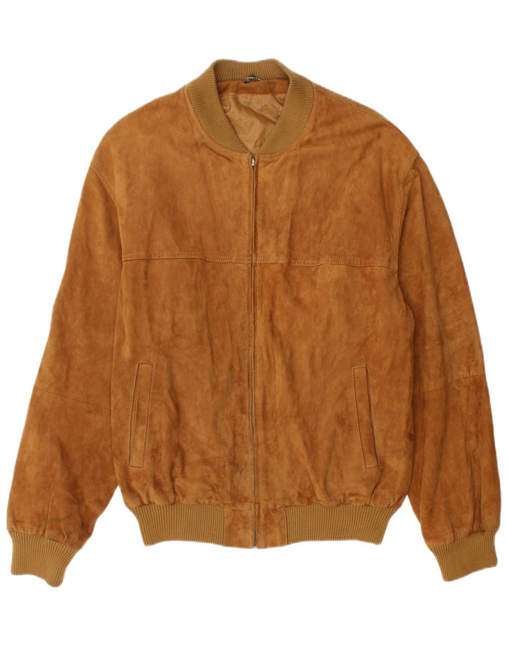 vintage Mens Suede Bomber Jacket IT 54 2XL Cuir Marron