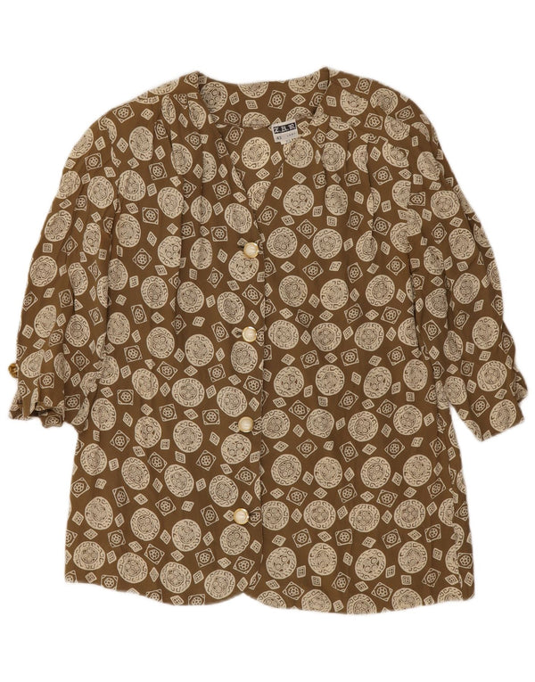 vintage Femme 3/4 Manches Chemise Blouse IT 43 Moyen Kaki Acétate Géométrique