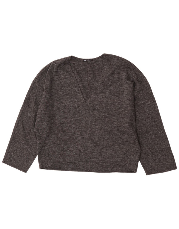 Zara Pull à manches 3/4 et col en V pour femme UK 16 Large Gris moucheté