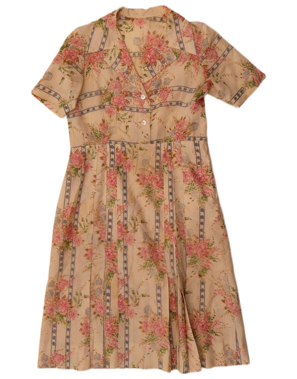 vintage Femme Robe A-Line UK 12 Moyen Beige Floral