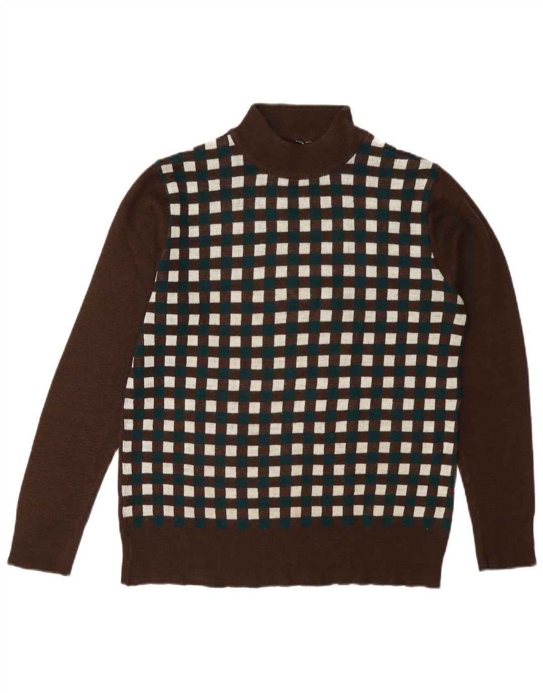 vintage Womens Turtle Neck Jumper Pull UK 12 Moyen Brun Géométrique