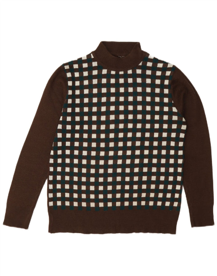 vintage Womens Turtle Neck Jumper Pull UK 12 Moyen Brun Géométrique