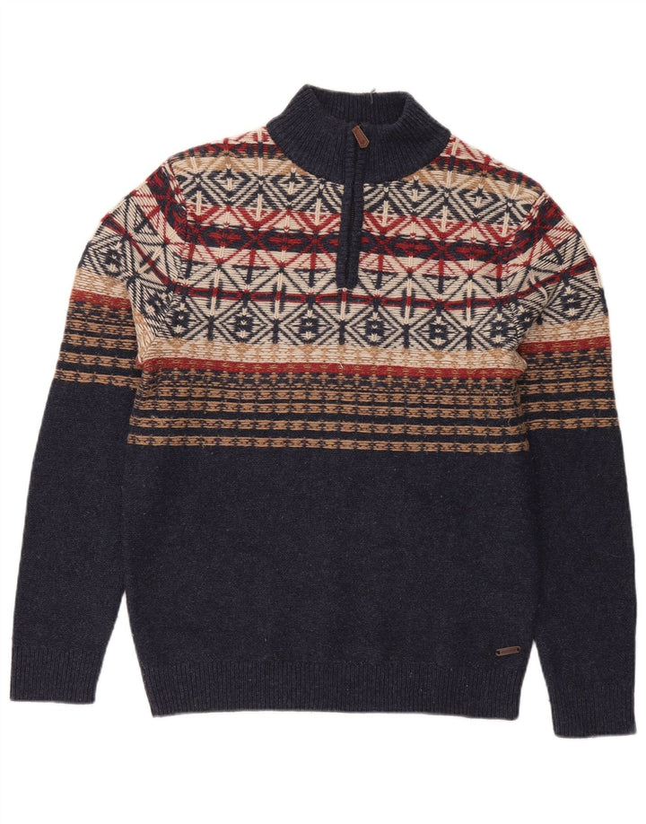Pull White Stuff à col zippé pour hommes, petit, bleu marine Fair Isle