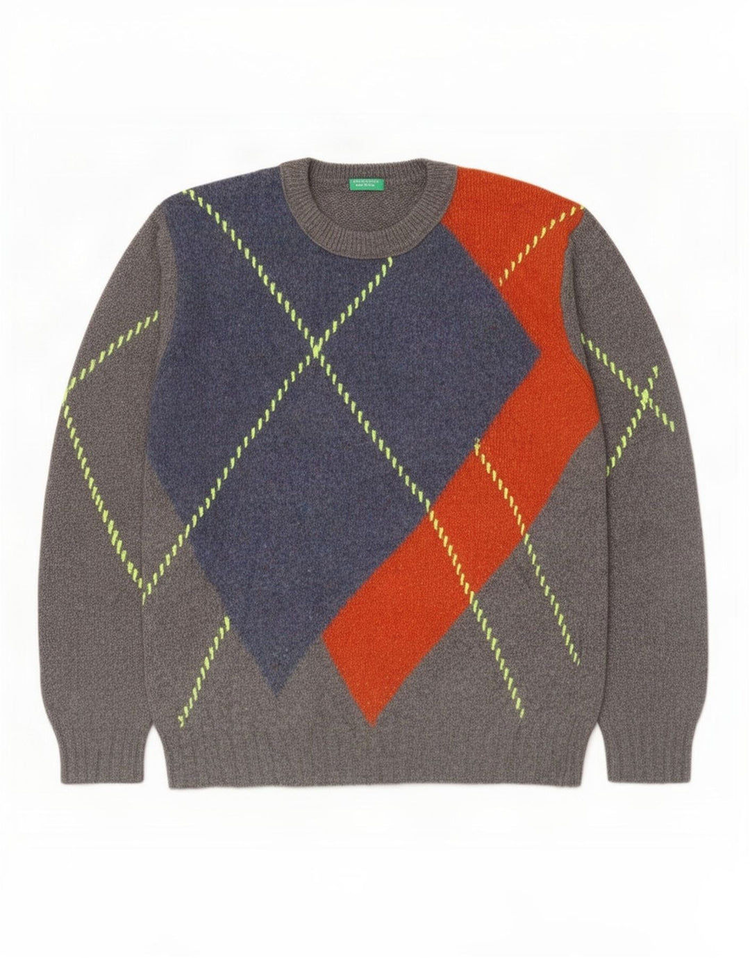 Benetton Pull à col rond pour homme en laine color block Gris Large