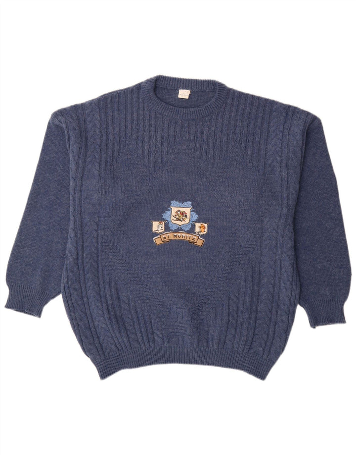 St Moritz Pull graphique à col rond pour homme en laine bleue