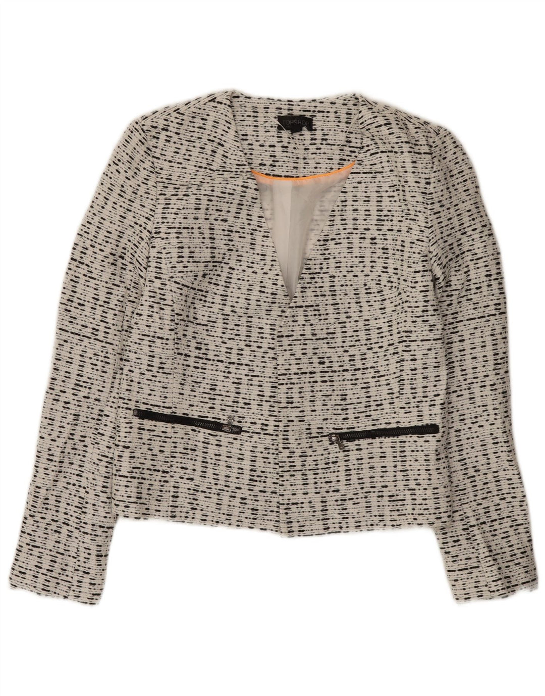 Topshop Veste Blazer Ouverte Femme UK 10 Petite Viscose Mouchetée Blanche