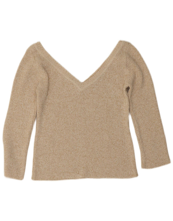 Zara Pull court à manches 3/4 et col en V pour femme UK 14 Large Beige Moucheté