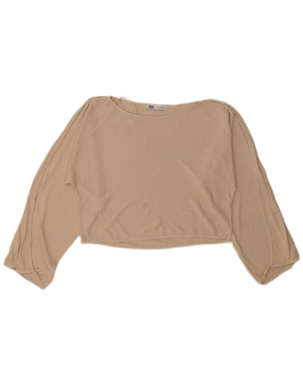 Zara Womens Crop Boat Neck Jumper Sweater UK 16 Large Beige Viscose Moderne