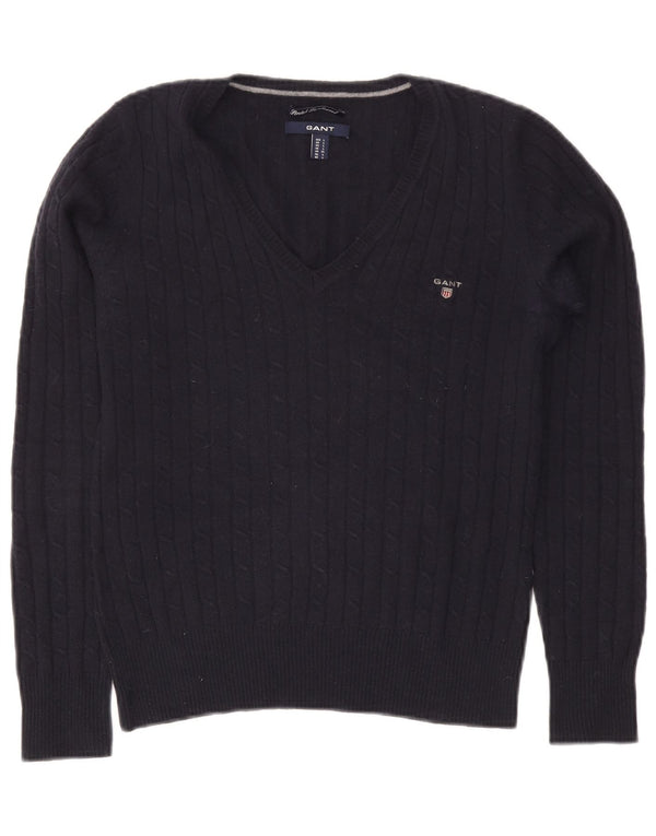 Gant Womens V-Neck Jumper Sweater UK 14 Large Navy Blue Wool