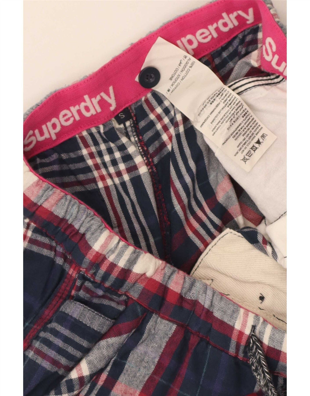 Superdry Femme Hot Pants Small W28 Bleu Marine Plaid Coton