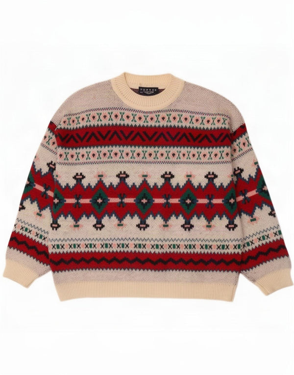 vintage Mens Crew Neck Jumper Pull XL Multicolore Géométrique Laine