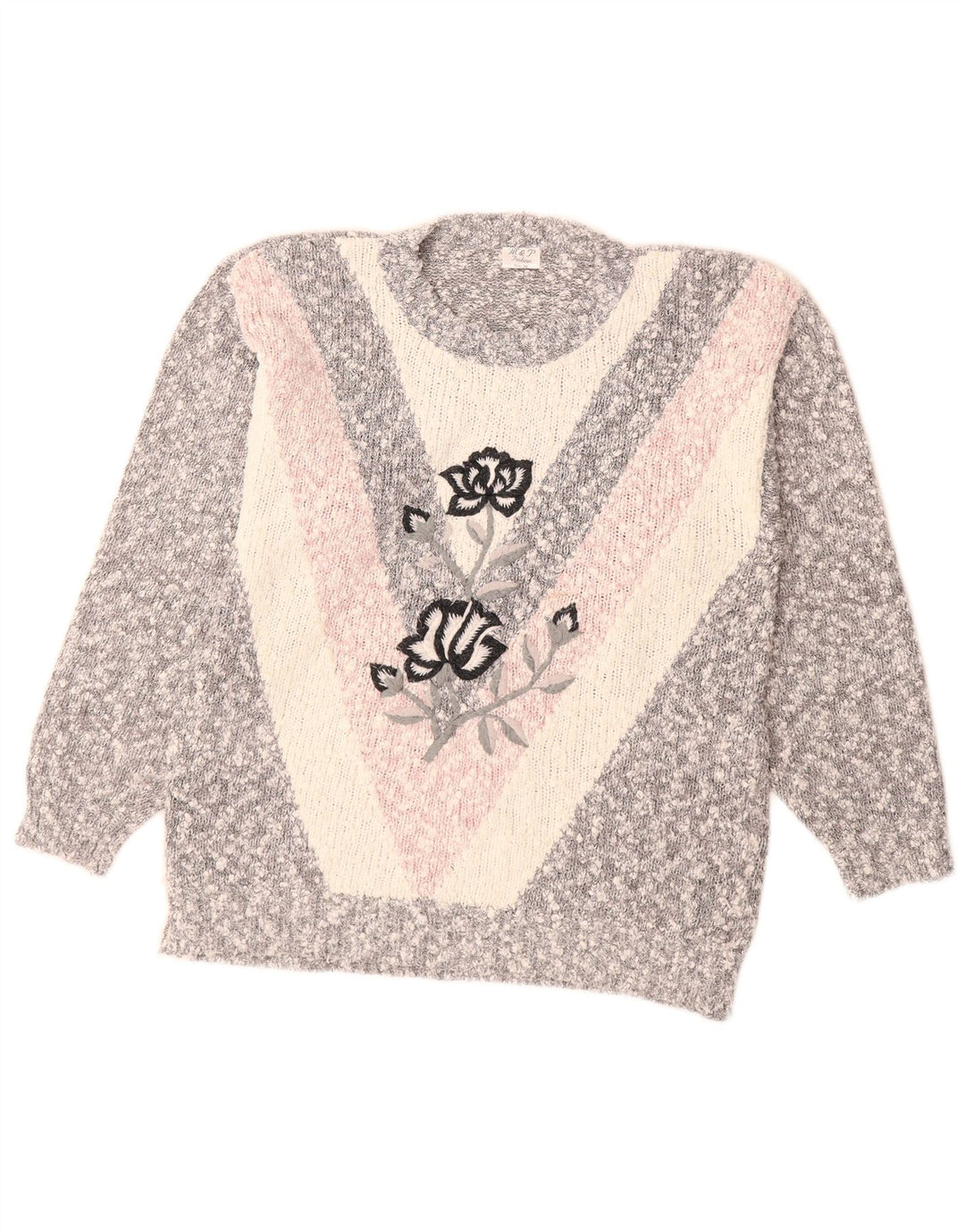 VINTAGE Pull ras du cou pour femme UK 14 Gris moyen Colourblock
