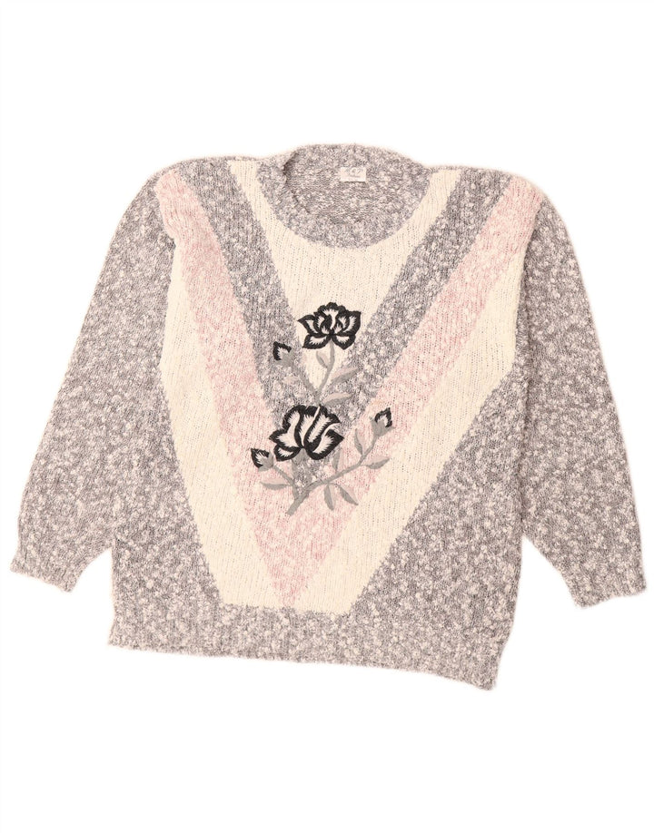VINTAGE Pull ras du cou pour femme UK 14 Gris moyen Colourblock
