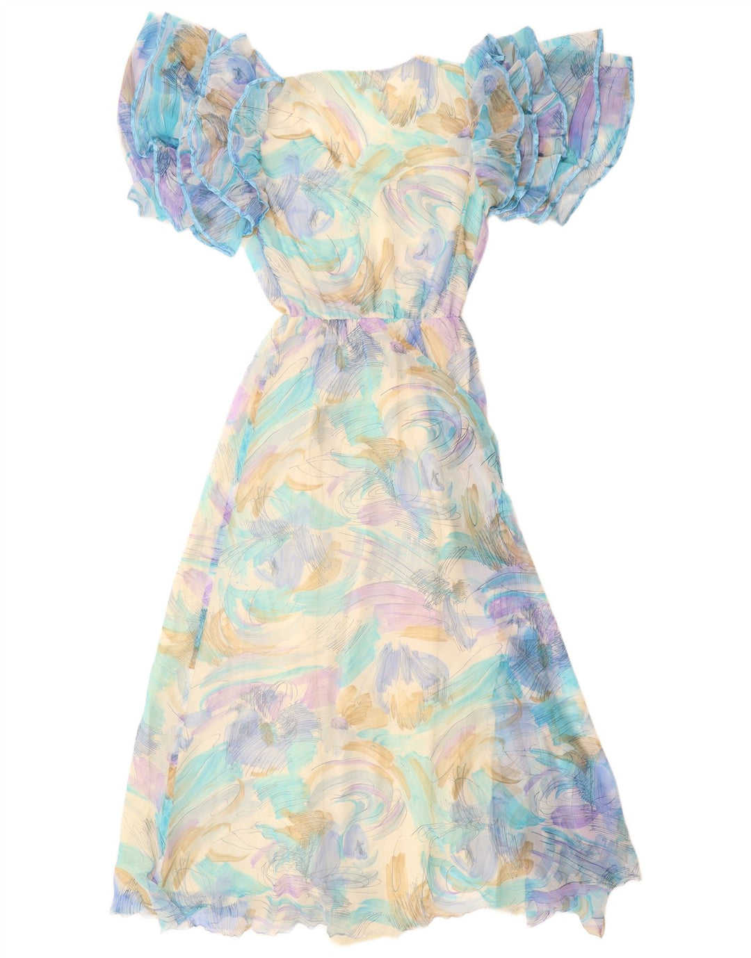 VINTAGE Robe Maxi à Motif Abstrait pour Femme UK 12 Bleu Moyen