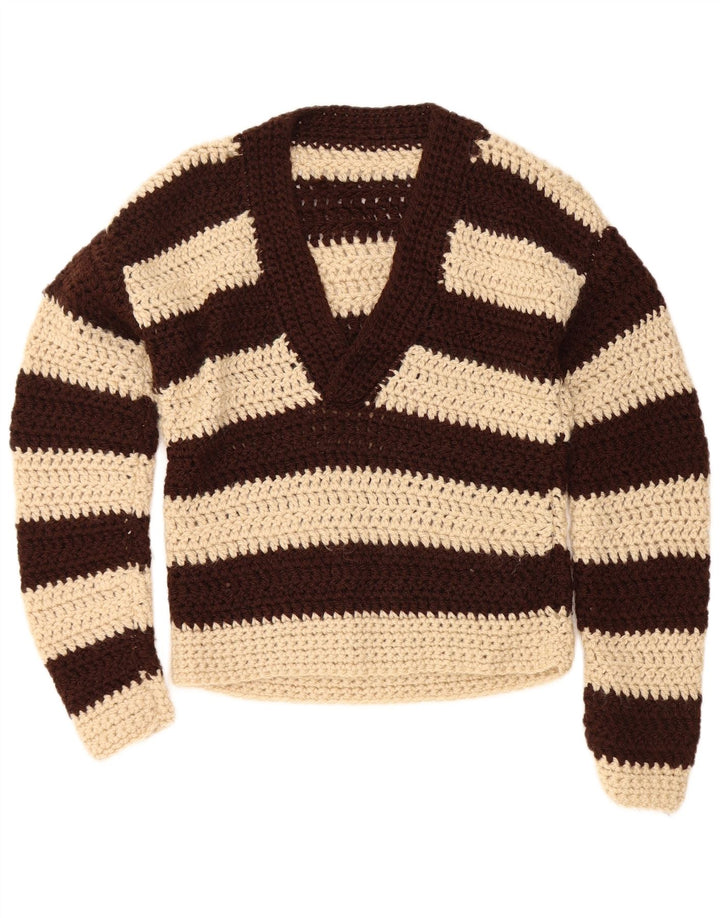 vintage Femme V-Col Jumper Pull UK 12 Moyen Brun Rayé